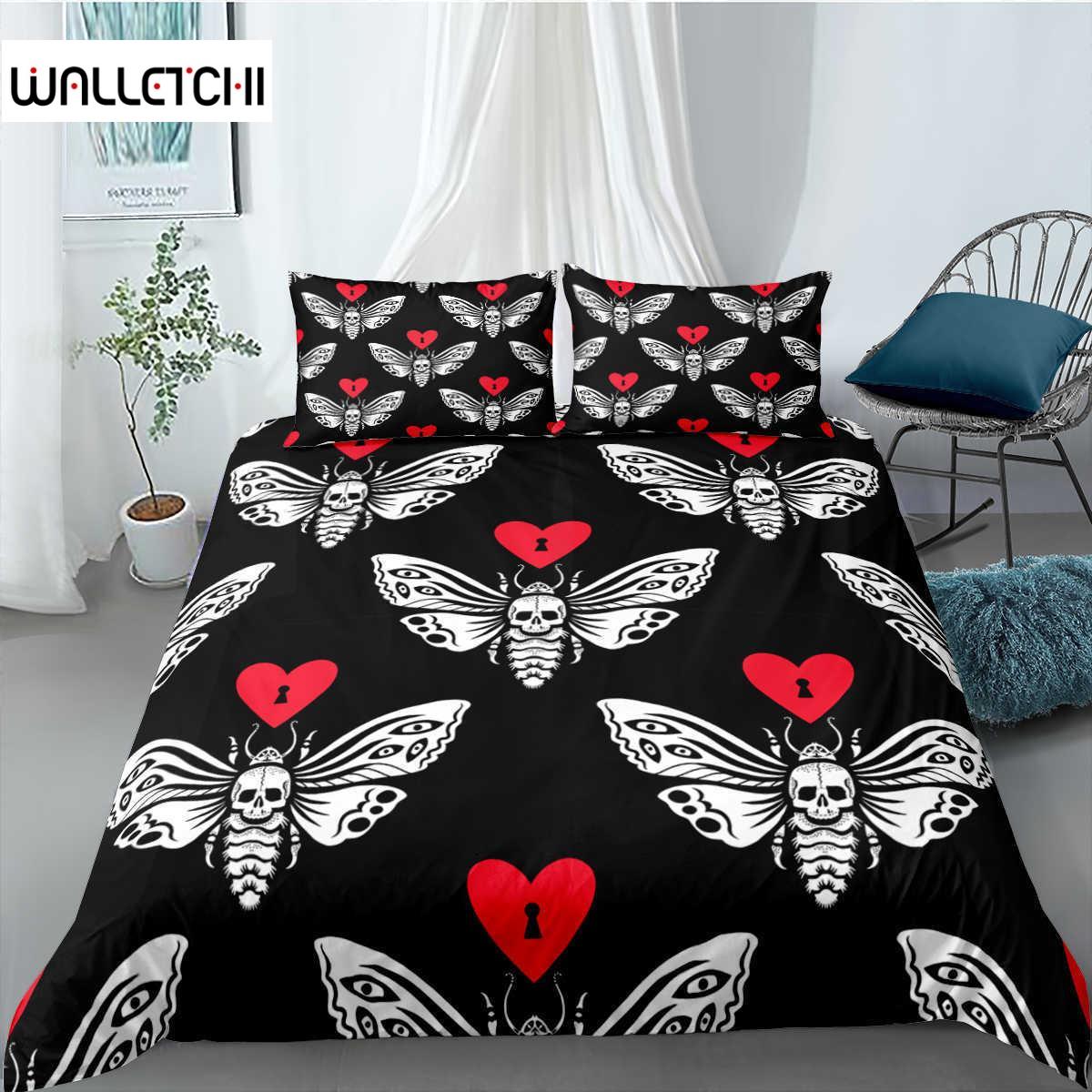 

Skull Duvet Cover Set Gothic Death Moth Skull Love Heart Bedding Set For Boy Teen Microfiber Moth Skeleton King Size Quilt Cover EU single(135x200cm)