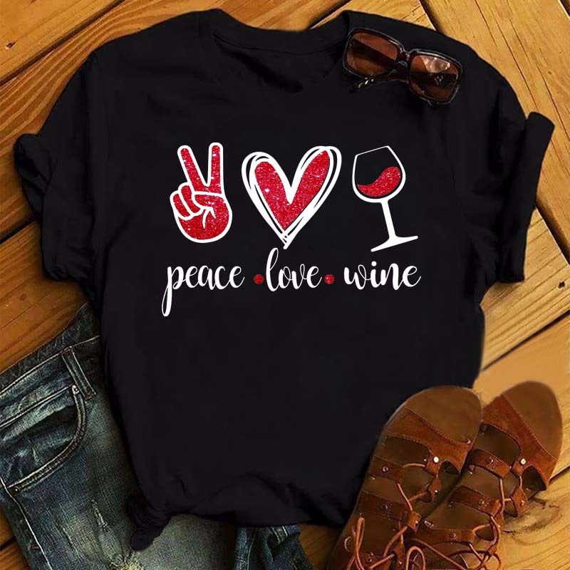 New Women T-Shirt Casual Short Sleeve T Shirt Women's Fashion Rose Red Wine Glass Printed Black T-Shirt Female Tops Tees