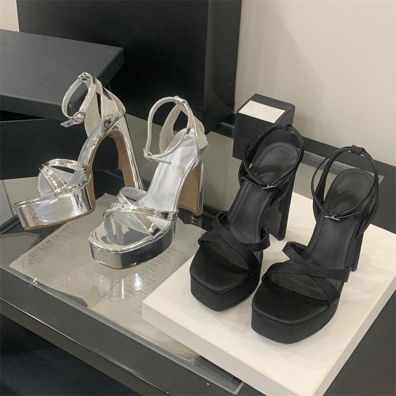 Eilyken Summer Extreme High Heels Square Toe Platform Women Sandals Narrow Band Buckle Strap Party Dress Shoes