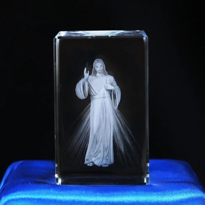 3D  Crystal Cube Christian Jesus Cross Figurine Home Decor Virgin Mary Laser Engrave Crystal Religious Gifts for Women's Birth