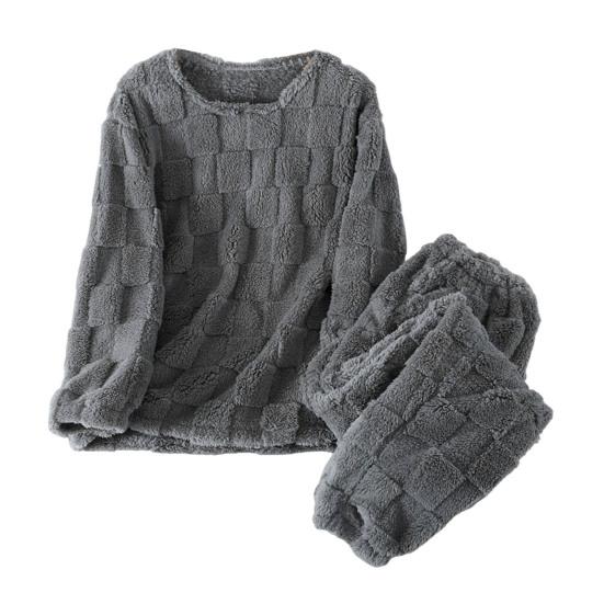 

Комплект из 2 шт. Зимняя пижама из утолщенного кораллового флиса с клетчатой текстурой, круглый вырез, длинный серый