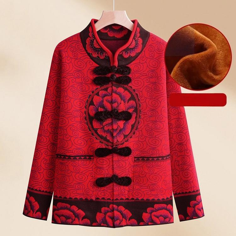 Middle-aged and Elderly Mothers with Velvet Year of Zodiac Tops for Seniors Grandma Spring and Women Knitted Sweater for New Year's Jacket