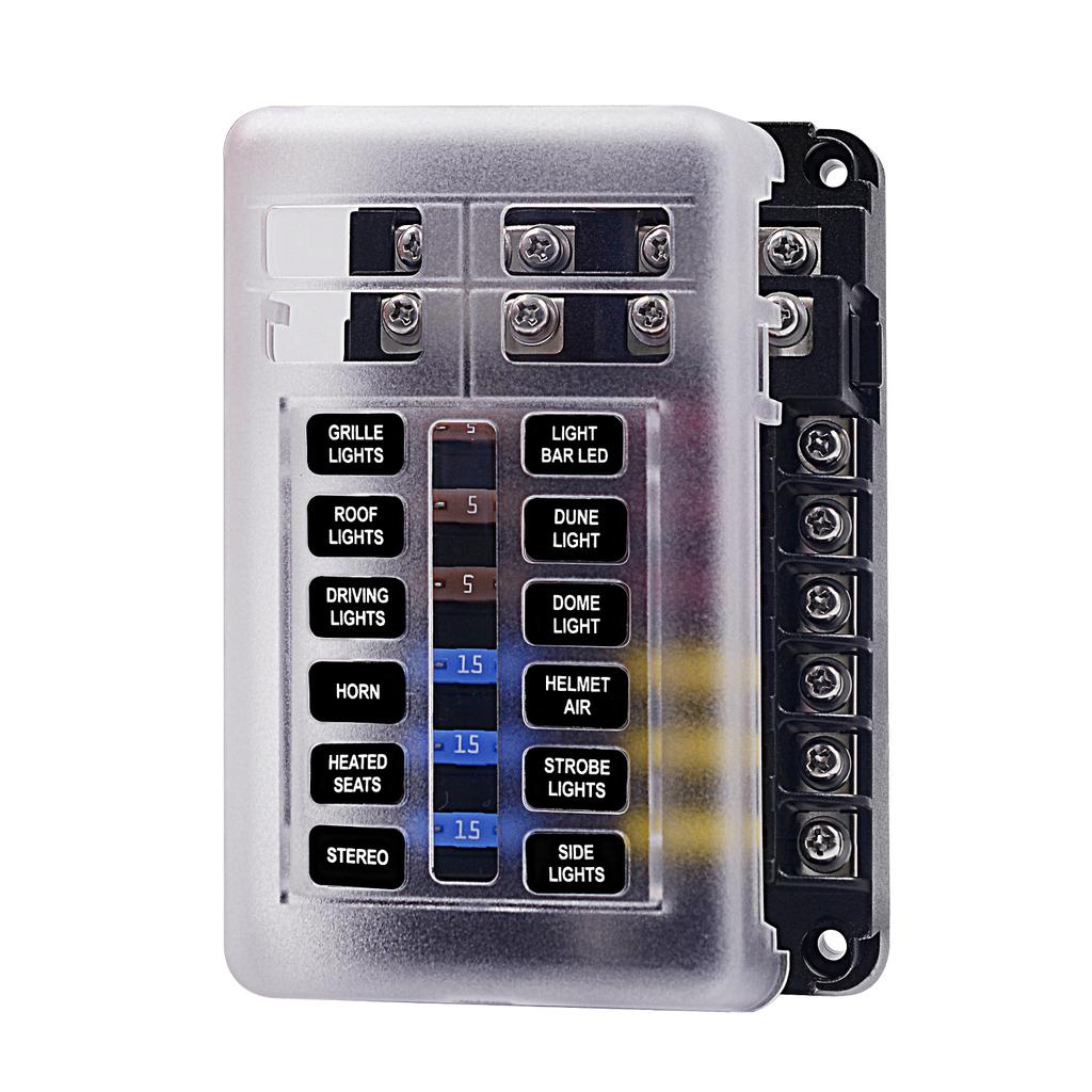 Blocco fusibili per barca marina a 12 Volt, Impermeabile a 12 vie con barra collettrice negativa di terra a 12 vie [100 Amp Max] [Fusibili ATC/ATO] [Indicatore LED] per Auto RV Camion Ecc.