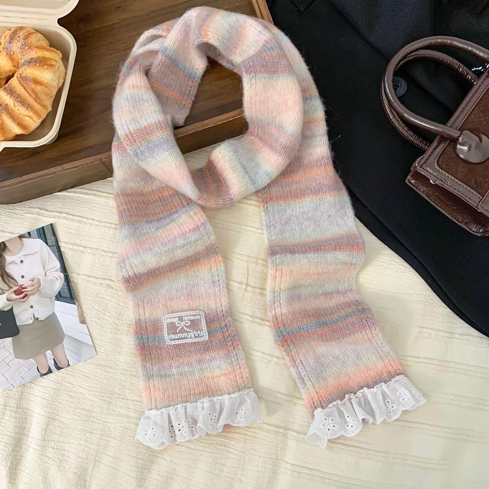 Lace Rainbow Striped Scarf Plush Winter Shawl Fashion Cashmere Knitted Scarf  Daily