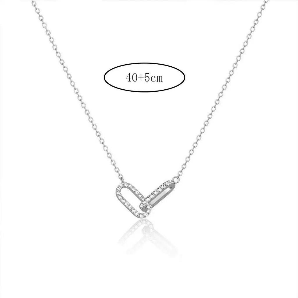 Copper Zirconia Paperclip Pendant Necklace with Double Oval Ring Brooch for Women