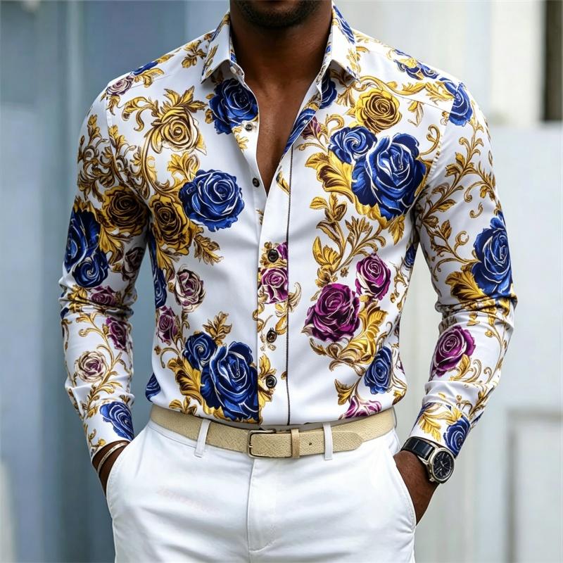 2026 Men's Shirt French Retro Blue Purple Gold Rose Flower Shirt White Background Pattern Slim Fit Long Sleeved Shirt XS-6XL