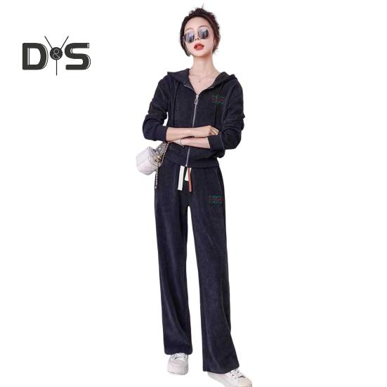 

2 шт./комплект женский пиджак брюки костюм с капюшоном застежка-молния завязка длинный рукав куртка эластичный пояс широкие штанины карманы брюки зимний спортивный костюм M серый