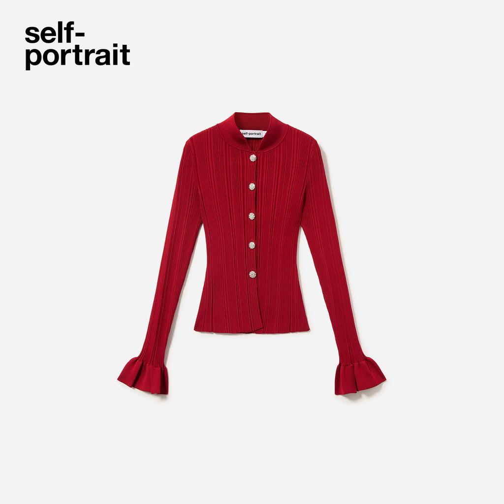 Self-Portrait Burgundy Rhinestone New Chinese Style Bell Sleeve Commuter Knit Sweater Women sweater SWF371M03400
