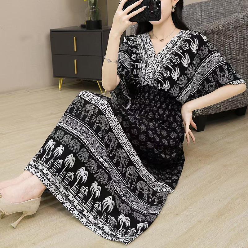 25th Anniversary Ethnic V-Neck Rayon Short Sleeve French-Thai Print Holiday Dress for Women