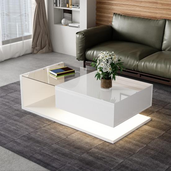 Couchtisch Hochglanz Glas Mitteltisch mit Schublade Öffnungsregal Einfache Montage Rechteckform LED Teetisch Zuhause