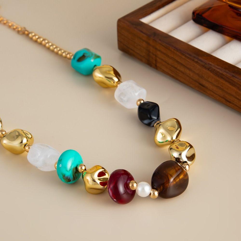 Stone Colorful Resin Necklace Bead Clavicle Chain Creative Beads Short Choker  Women