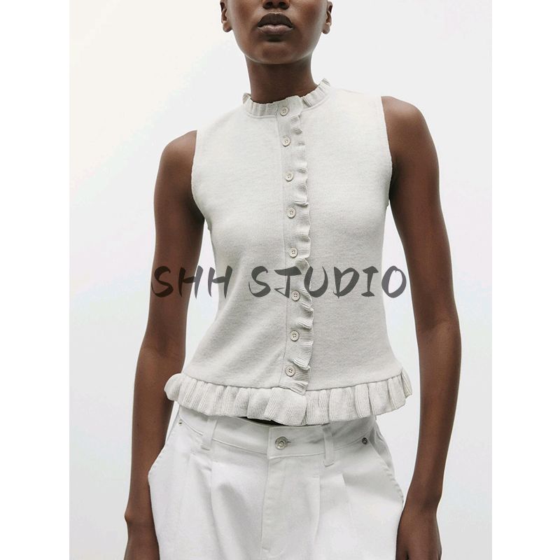 Women's Spring Clothing French Style Design Single-Breasted Laminated Decoration Soft round Neck Sleeveless Tops 5584314