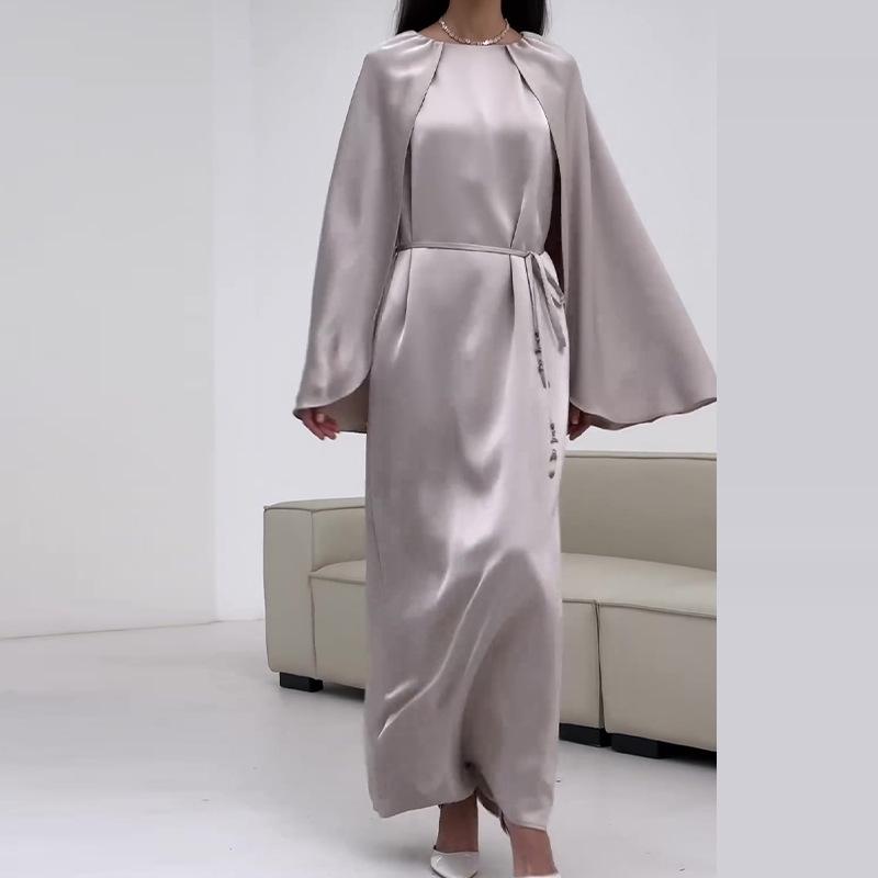 2024 Podzimní Evropské a Americké Jednobarevné Elegantní Šaty s Dlouhým Rukávem a Zeštíhlujícím Páskem v Pase