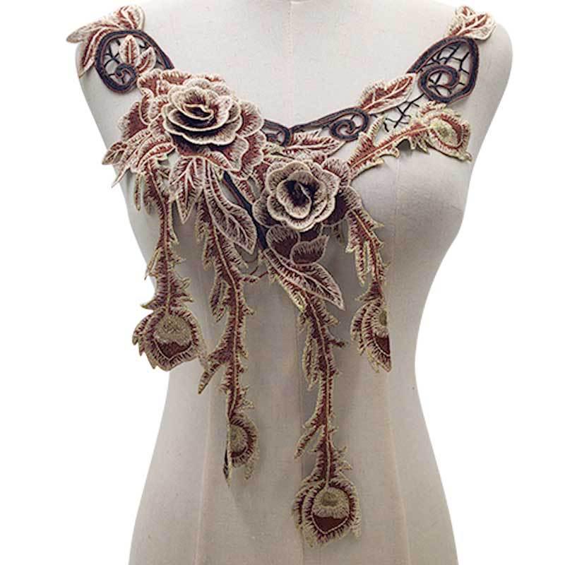 

Красочный 3D вышитый кружевной воротник с полым дизайном и этнической цветочной брошью коричневый