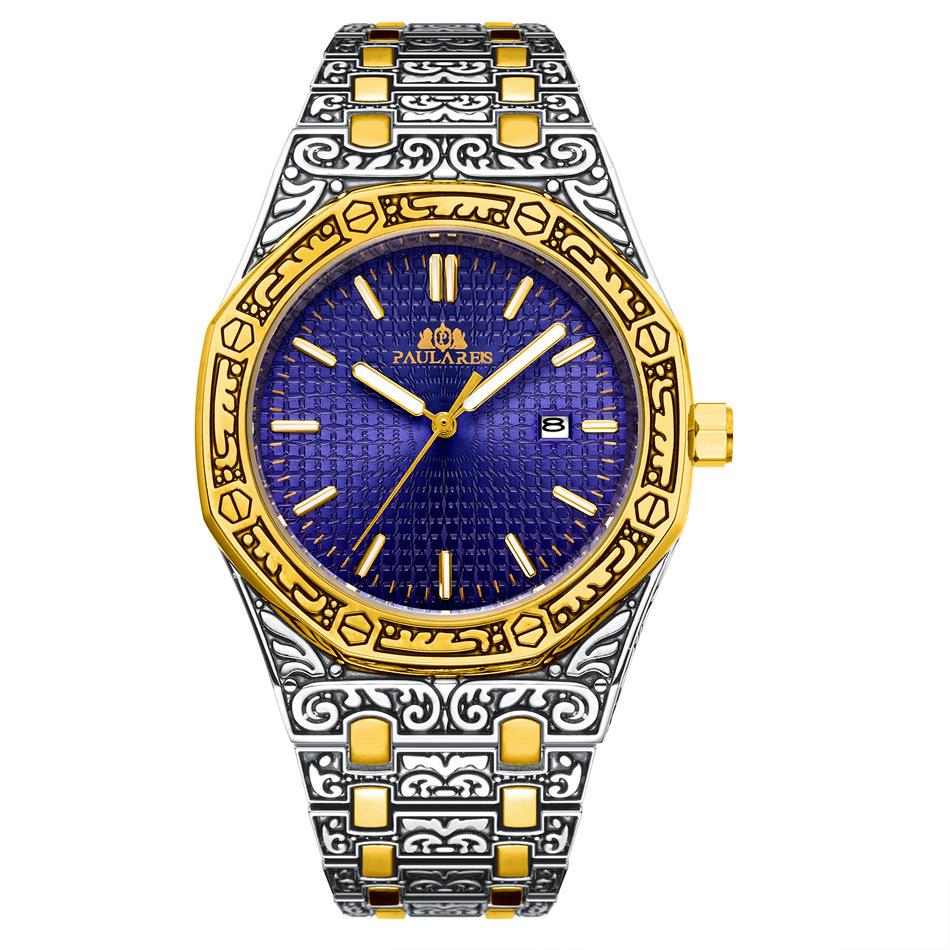 Paulareis Quartz Carved Oak Calendar Men's Luminous Watch