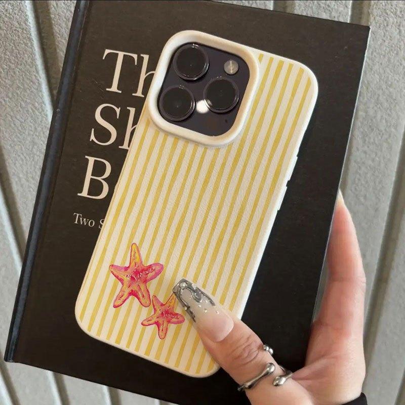 Yellow Striped Starfish Pattern TPU Phone Case, Soft Shell Fashion Protective Cover for iPhone 17 Pro Max 16/16 Plus Gift, 1pc