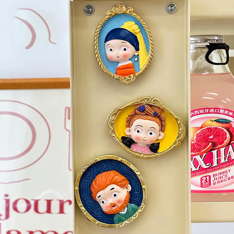 

3шт:Мультяшная картина Мона Лиза Наклейка на холодильник Креативная 3D Мировая известная картина Персонаж Украшение Магнитная наклейка