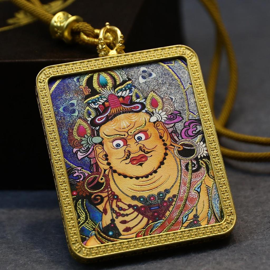 Yellow Jambhala Mahakala Thangka Pendant - Hand-painted Tibetan Gau with Eight Guardian Wealth Deities.