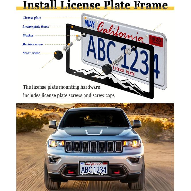 BGGTMO Mountain License Plate Frames- White On Black Mountain Raised, Plastic Black Car Tag Holder Bracket With Screws Caps, 2 Packs 2 Hole With