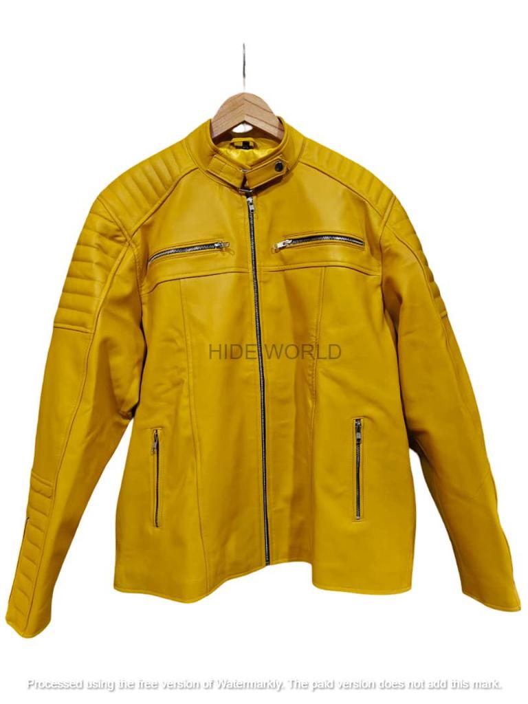 Stylish Genuine New Yellow Handmade Lambskin Leather Men Jacket Biker Motorcycle
