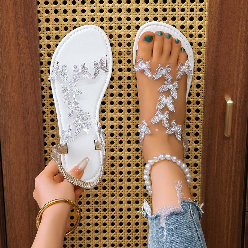 Kadın Yapay Elmas Kelebek Dekor Düz Sandalet, Günlük Burnu Açık Yaz Ayakkabı, Hafif Elastik Bant Sandalet