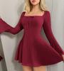 2026 European-American Style Square Neck A-Line Ribbed Dress - Slim Fit, Waist-Cinched, Long Sleeve, Spring/Autumn Collection