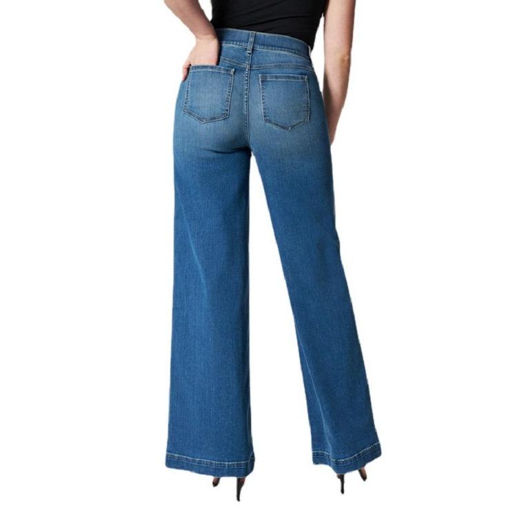 Women Stretch Denim Jeans High Waist Elastic Wide Leg Trousers Casual Long Pants Ladies