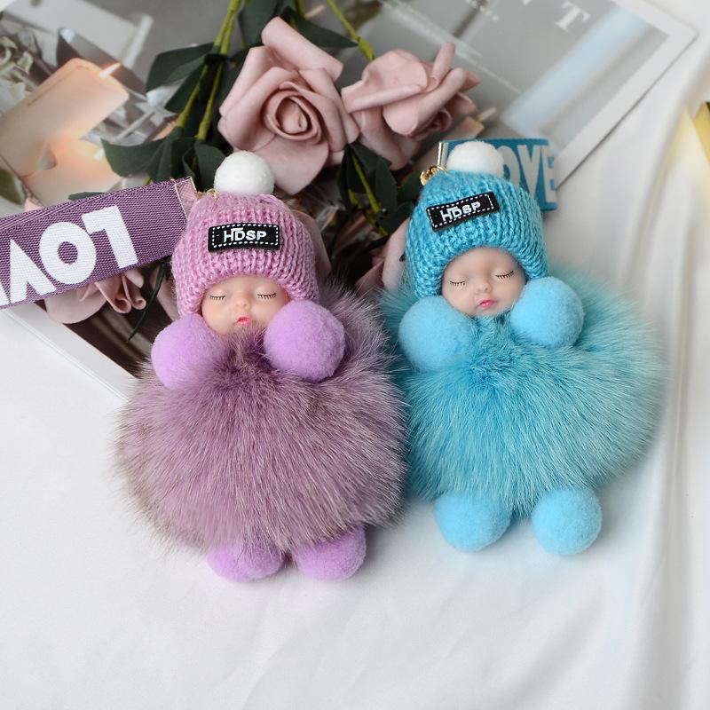 Pompom Sleeping Baby Keychain Cute Fluffy Plush Doll Keyholder Women Girl Bags Keyrings Cars Key Ring Gift Charming Decoration