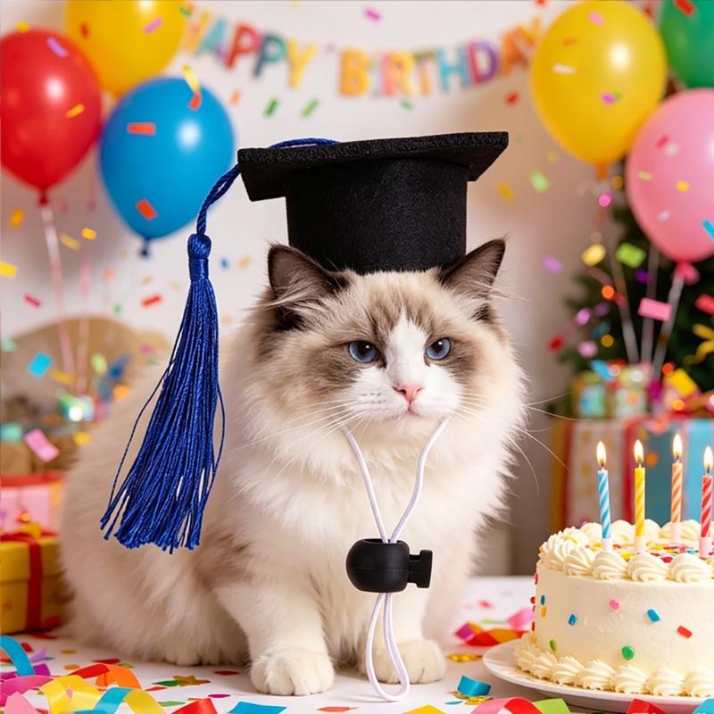 Nonwoven Graduation Hat for Small Companion Animals, Mini Hanging Accent with Sliding Stretch Tie Design for Photos