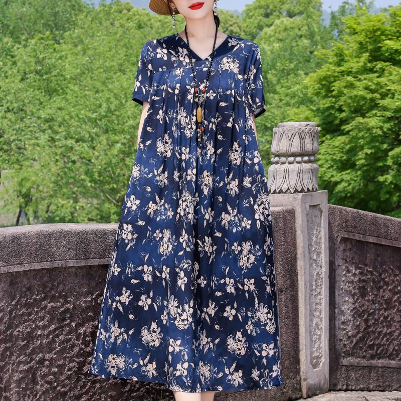 Elegant Women's Summer Dress Plus Size Short Sleeve Casual Loose Long Dresses Vintage Clothes
