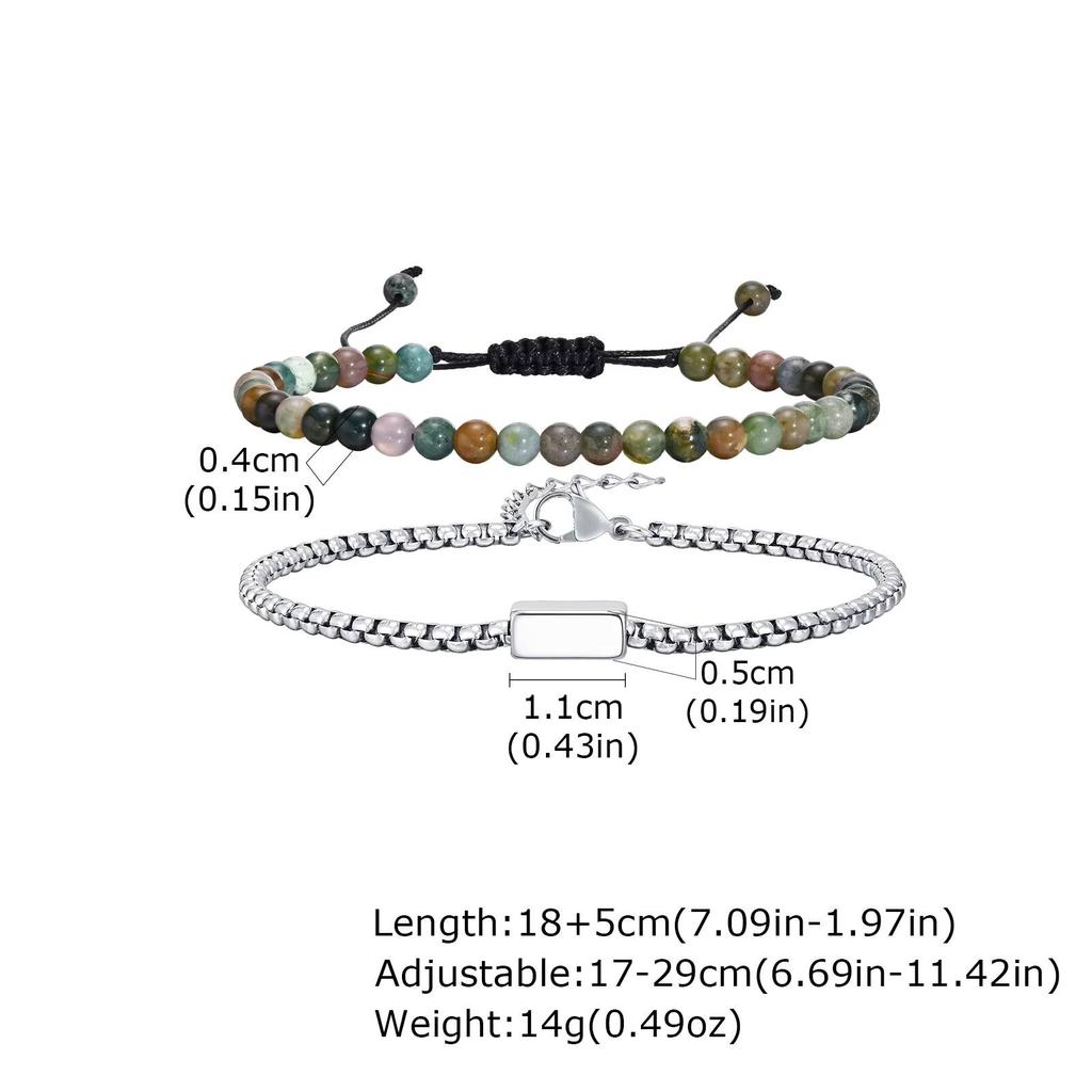 Vnox 2pcs/Set Adjustable Natural Stone Beads Bracelet Set with Stainless Steel Square Box Chain, Men's Casual Jewelry Set Gifts