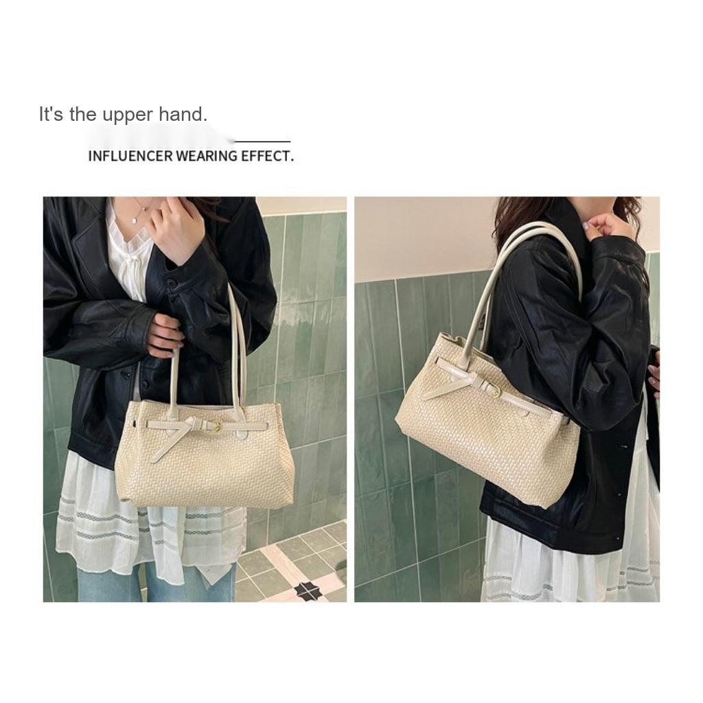 Xeie Thuk Tote Bag Women PU Woven Texture Handheld Shoulder Daily Commute