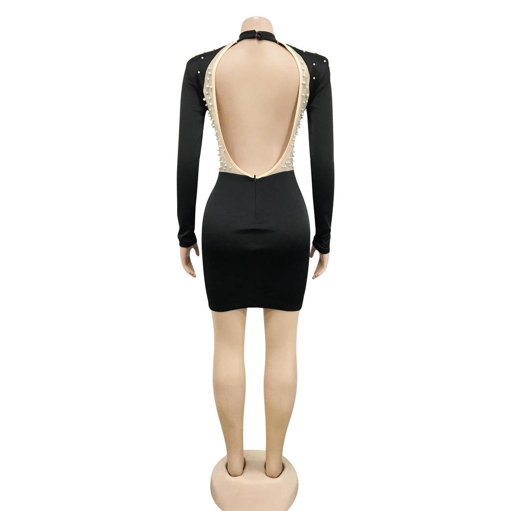 Fashion Sexy Rhinestone Mesh Beaded Backless Long Sleeve Midi Dress for Women