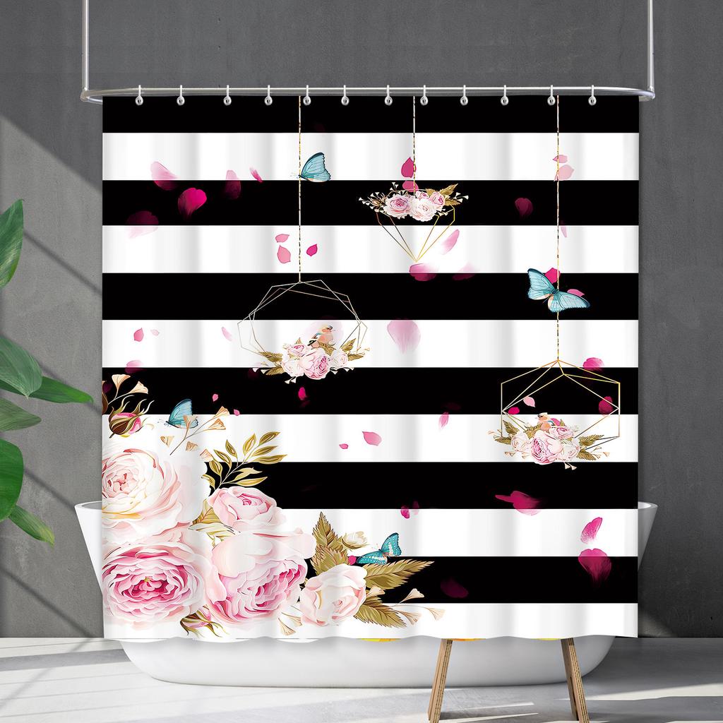 Shower Curtain Waterproof and Mildew-proof Digital Printing Horizontal Strip Plant Flower Printing Shower Curtain Partition Curtain Free Punching