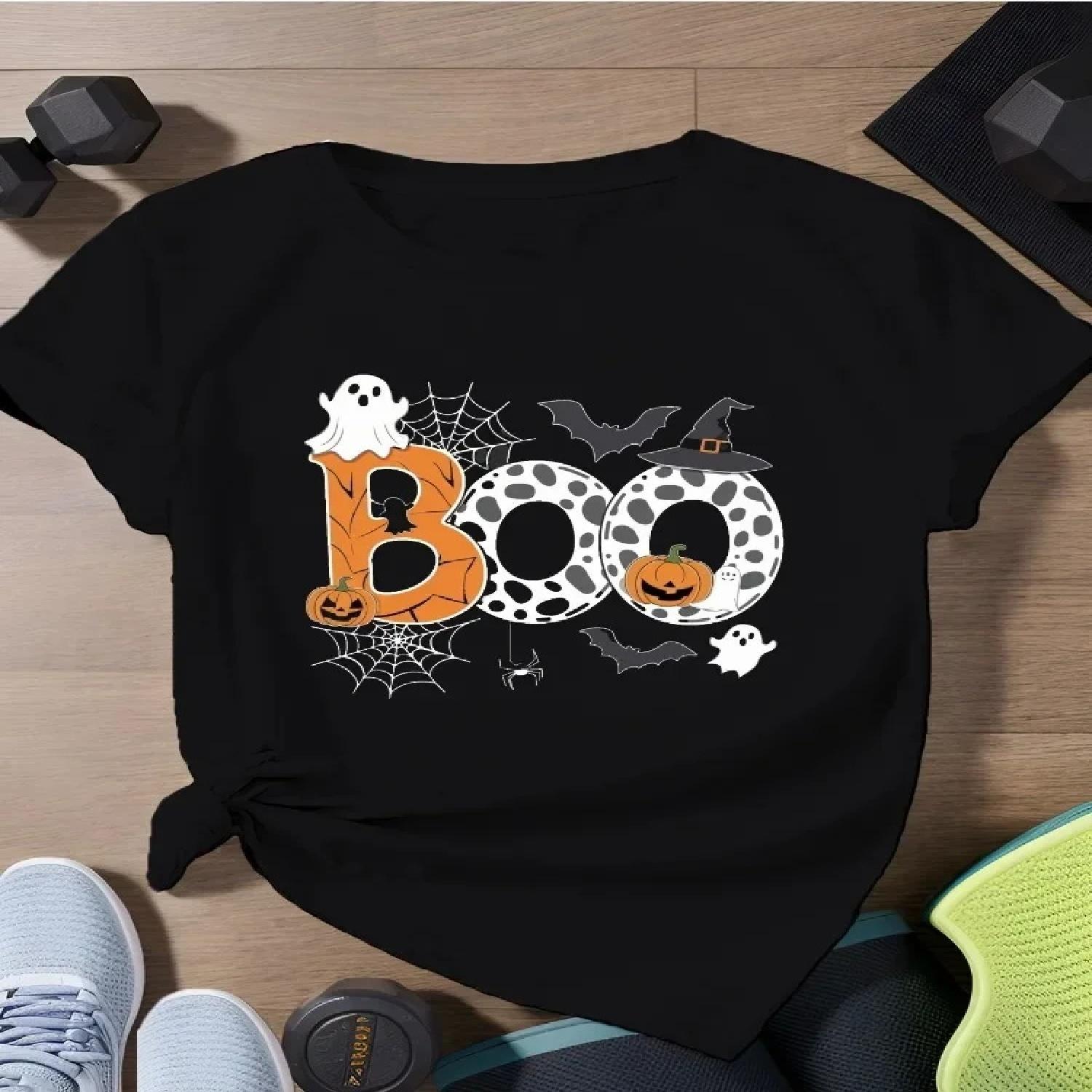 

Хэллоуин BOO Женская Повседневная Большого Размера Свободная Короткий Рукав Футболка Уличная Харадзюку Костюм Мода Y2K Женская Одежда S