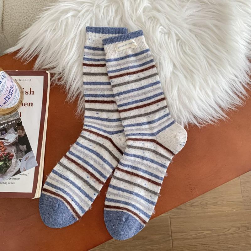 Wool Patterned Yarn Striped Mid-calf Socks, Winter and Autumn Thick and Warm Wool Socks, Pile Socks