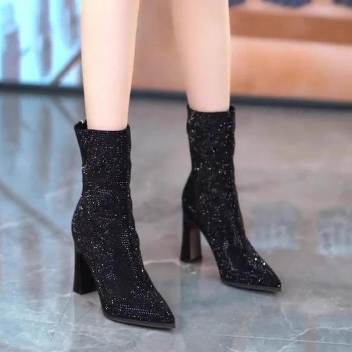 Korean version of elegant rhinestone short high-heeled boots Martin boots 2025 autumn and winter pointed oblique zipper thick heel full diamond