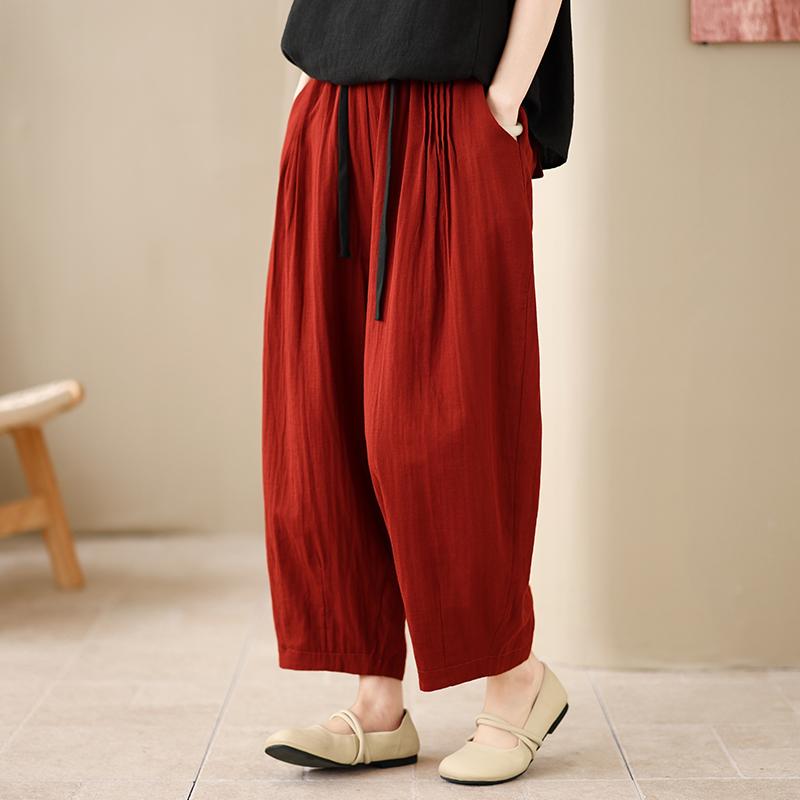 DIMANAF 2026 Summer New Plus Size Women Elastic Waist Long Pants Cotton Linen Loose Vintage Casual Lady Bottoms Clothing