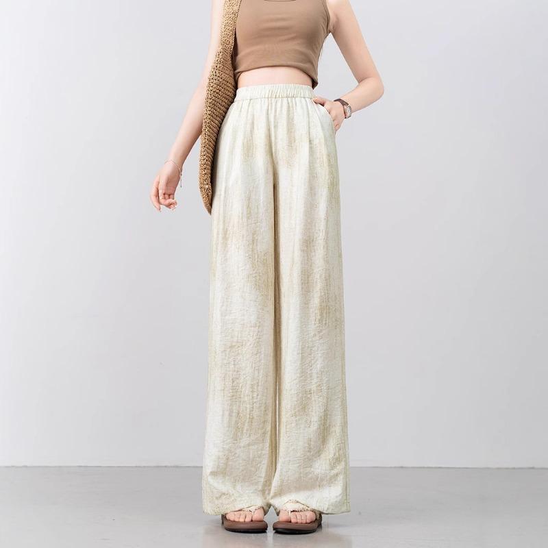

Tie-dye linen wide-leg pants summer new cotton and linen casual pants thin high-waisted straight Yamamoto long pants M бежевый