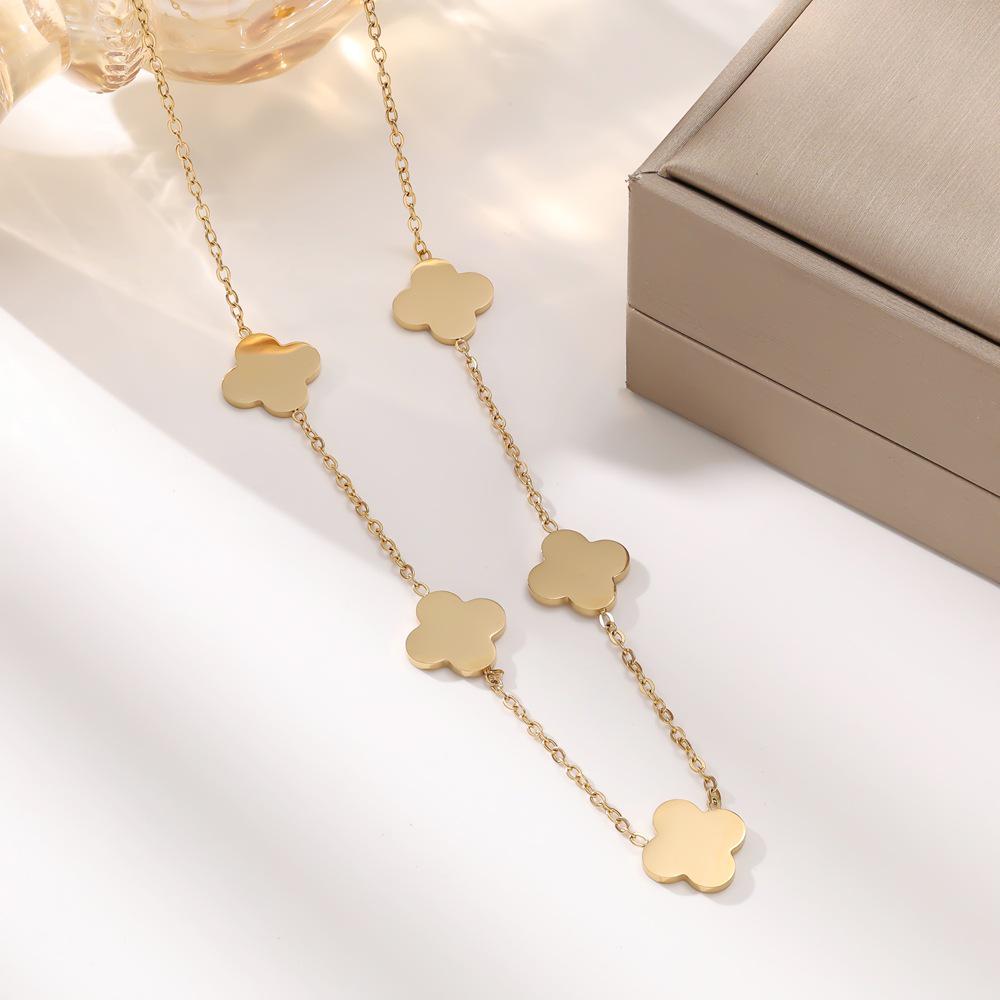 European 18K Gold Stainless Steel Four-Leaf Clover Jewelry Set: Bracelet, Necklace, Earrings for Women