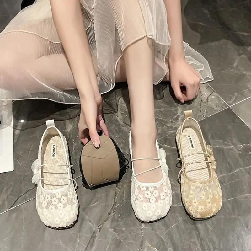 Fashion Off-white Mesh Japanese Style Lolita Cute Gothic Shoes for Women Kawaii Flat Flats Low Heel Elegant Round Toe Mary Jane On Offer