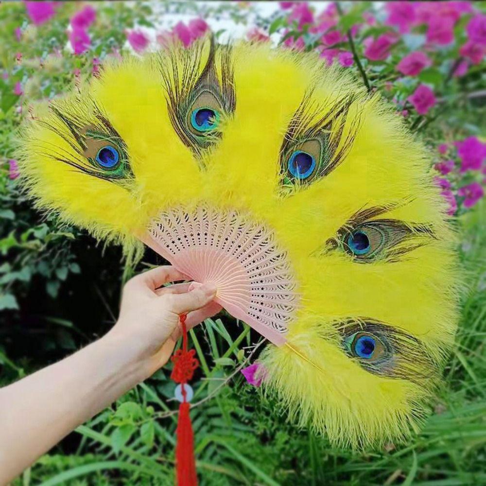 Handheld Peacock Feather Fan With Tassel Feather Dance Fan Folding Hand Fan  Home Decoration