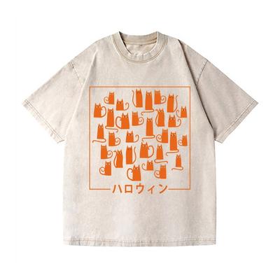 T-shirt con lavaggio vintage e design giapponese, moda, stampa gatto, manica corta, girocollo, Harajuku, unisex, abbigliamento uomo, top per le vacanze
