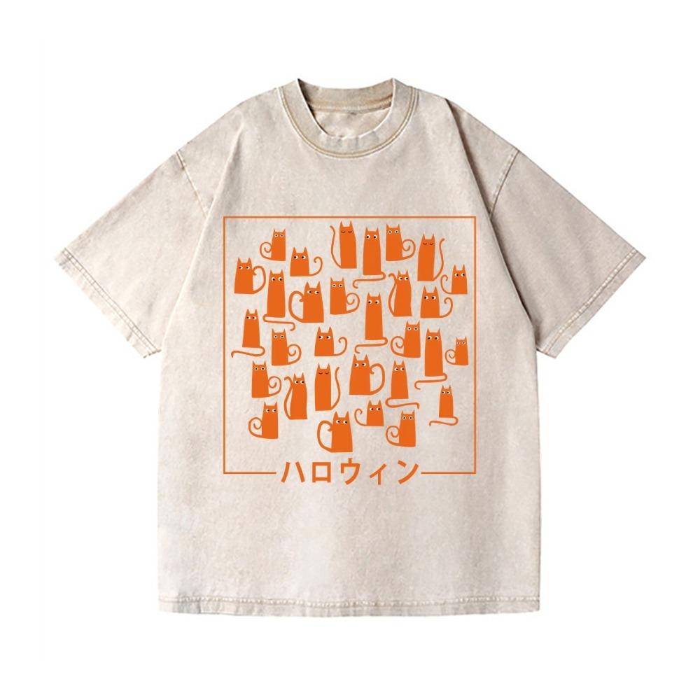 

Vintage Wash Japanese Design T-Shirt Fashion Cat Printing Short Sleeve O-neck Harajuku Unisex Man Clothing Holiday Tops S