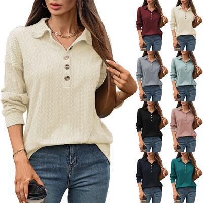 Pure Color Lapel Button Loose Long Sleeve Sweatshirt Women Top