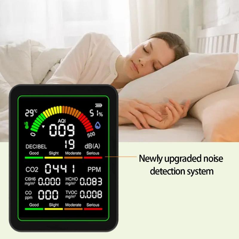 Air Quality Monitor With CO CO2 C6H6 Formaldehyde TVOC Temperature Humidity Detections And Noise Meter For Home Office Lab