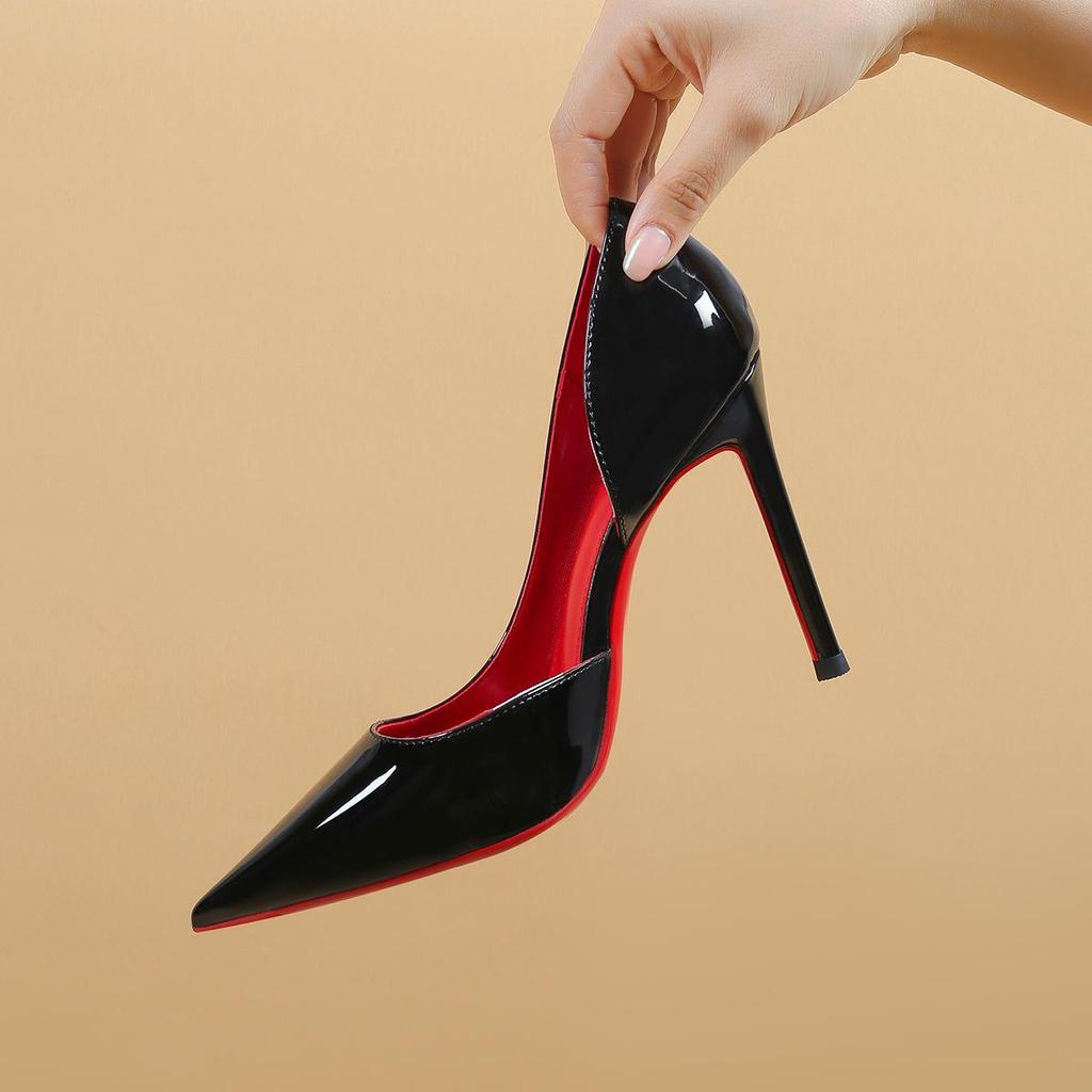 Women's Black Stiletto High Heels with Red Bottom, Side Cutout, and Pointed Toe - 2025 New Patent Leather Nightclub Shoes
