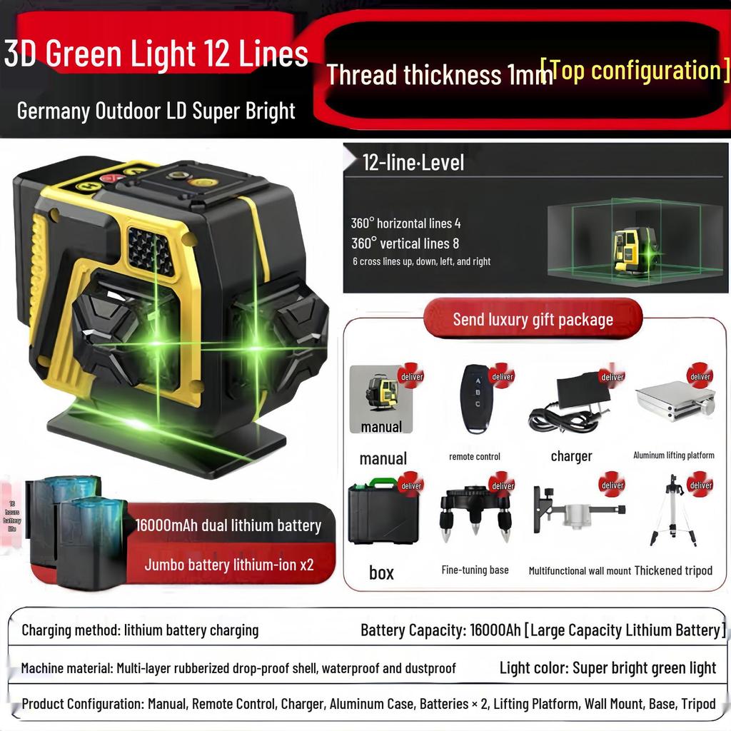 12-Line High-Precision Green Laser Level, Wall/Floor-Mounted, Automatic Leveling for Indoor/Outdoor Use