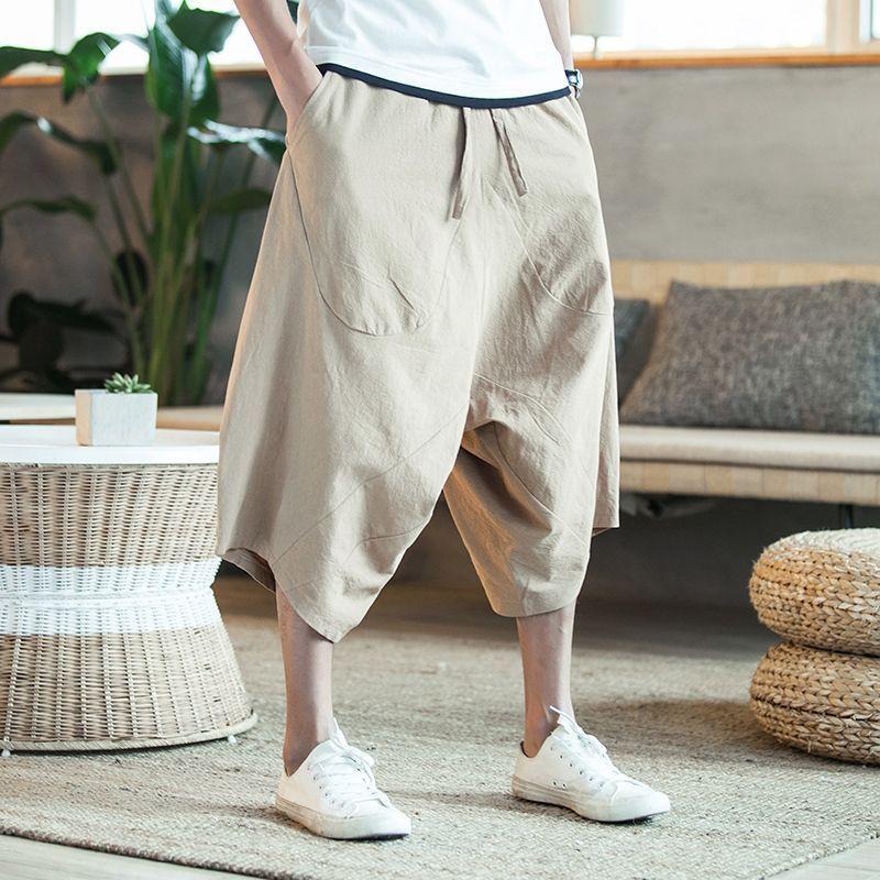 Men Harajuku Harem Pants Mens Summer Cotton Linen Joggers Pants Male Vintage Chinese Style Soild Color Calf-lenght Trousers