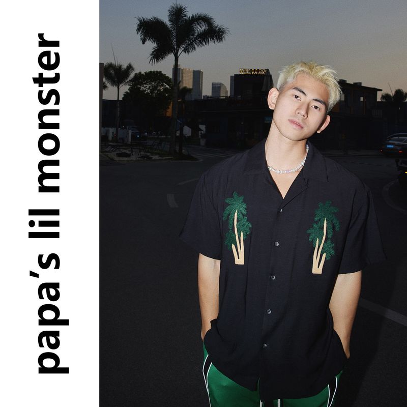 

Papaslilmonster American Fashion Brand Paste Cloth Embroidery Short Sleeve Shirt Easiest for Match Loose Half Sleeve High Street Shirt Black L